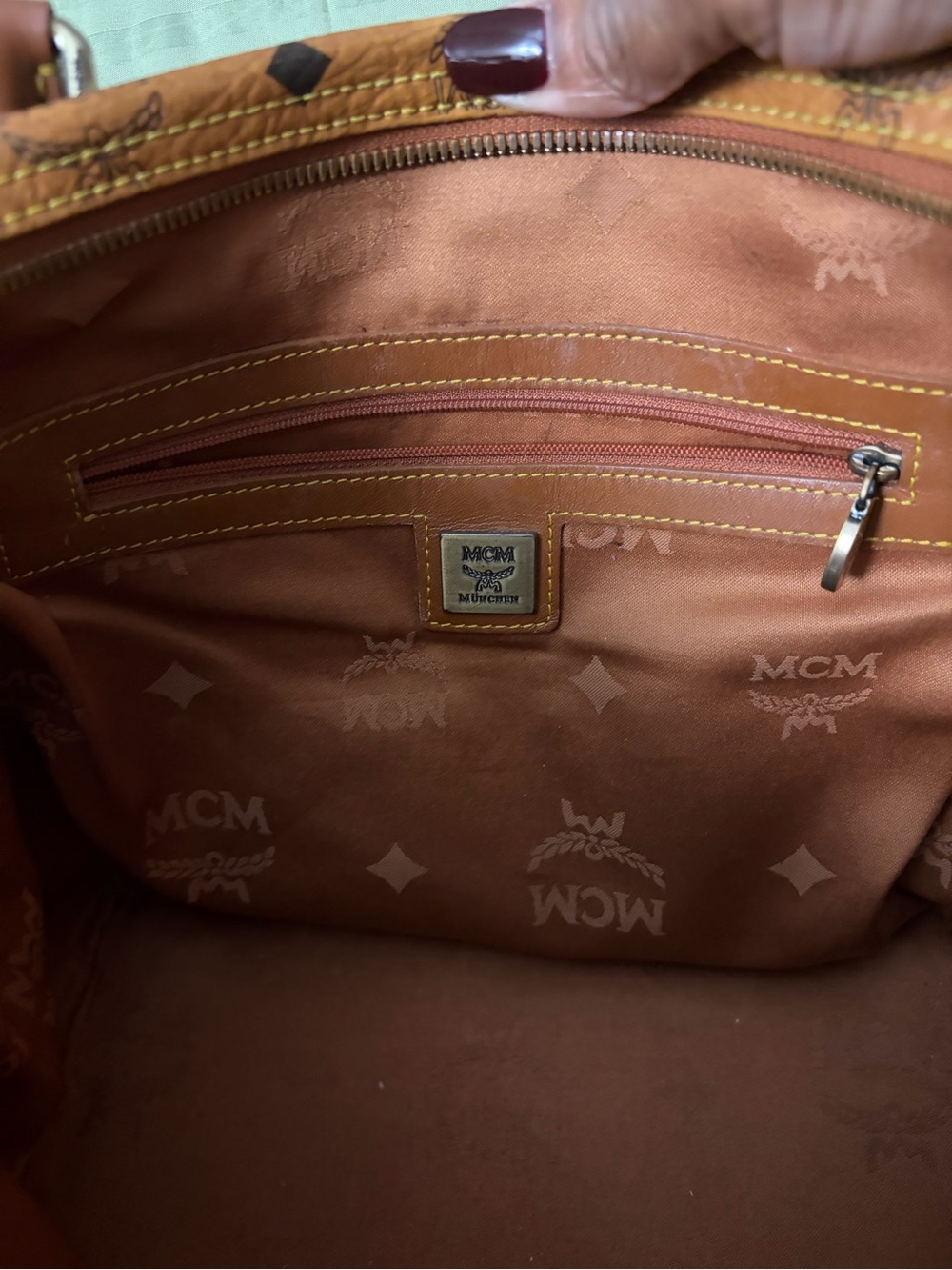 MCM Cognac Logo Print Leather Tote with Gold Plaque. - Picture 6 of 6
